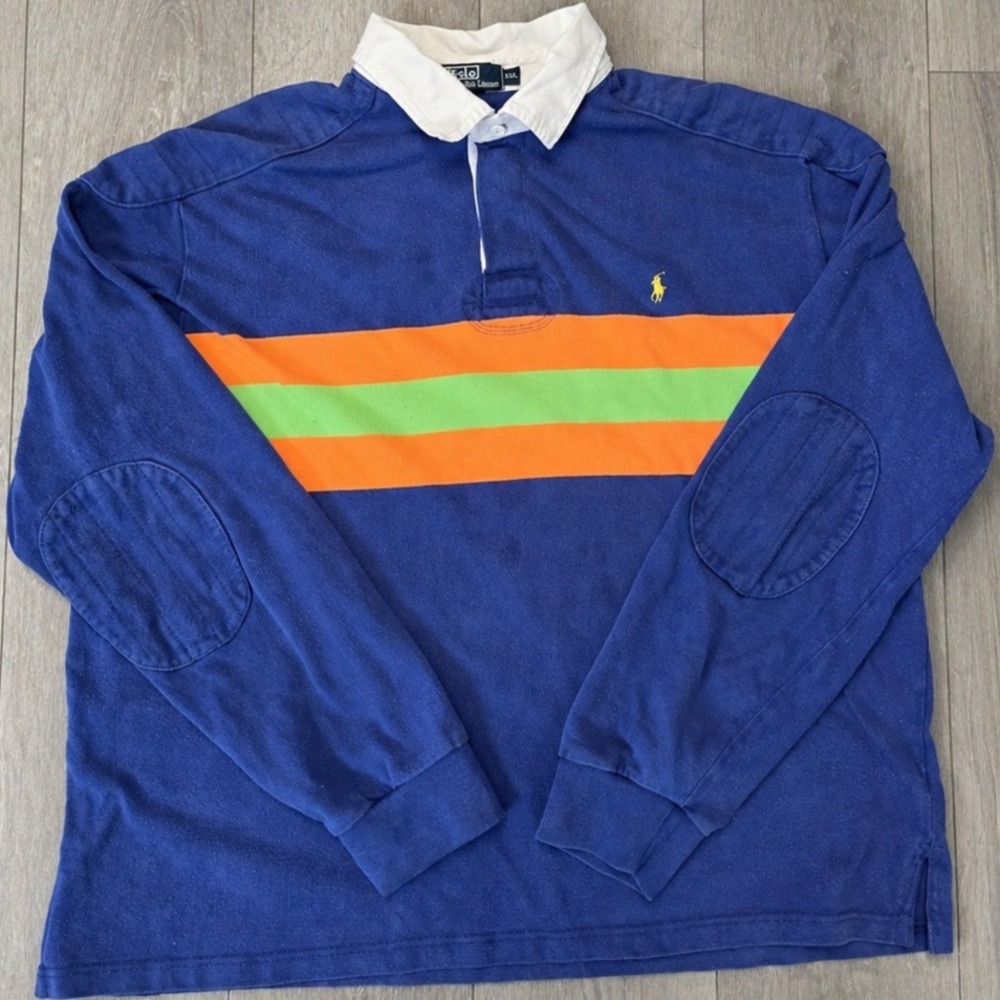 Polo Ralph Lauren Rugby Shirt XXL Blue Orange Green Stripe Long Sleeve